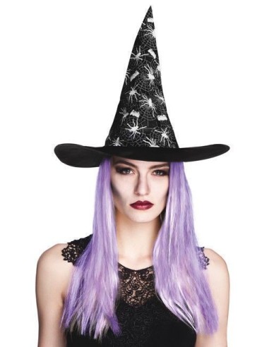 Chapéu de bruxa com aranha e cabelo - de alta qualidade, ideal para carnaval, festas temáticas e eventos especiais.